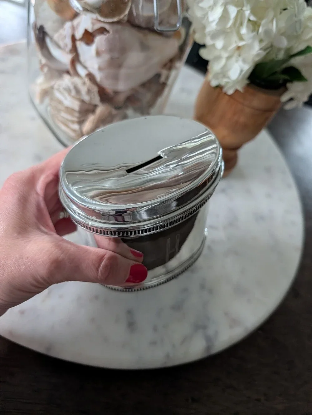Vintage Pottery Barn Silver Coin Bank Initial H Engraved